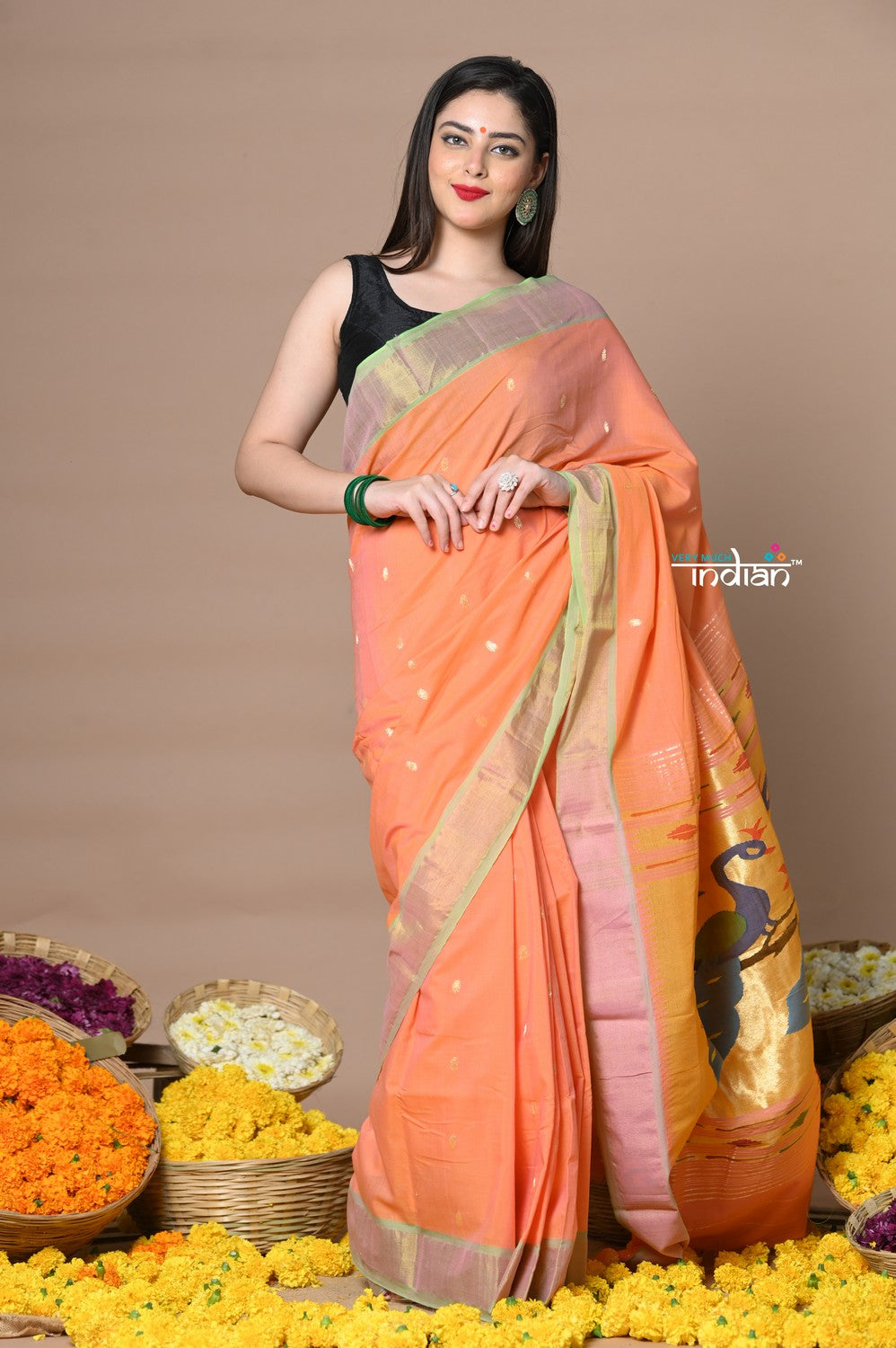 Very Much Indian Rajsi - Handloom Pure Cotton Paithani With Peacock Pallu - Peach | Grocsy
