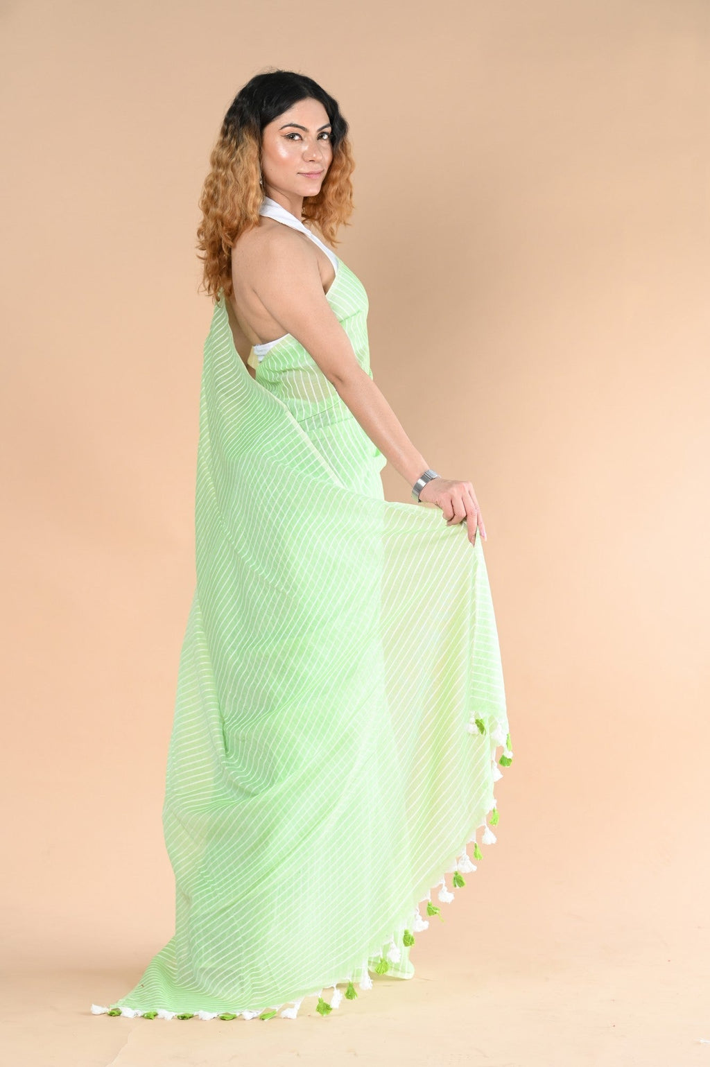 Very Much Indian Designer Pure Cotton Sarees with All over Linear Stripes - fern green | Grocsy