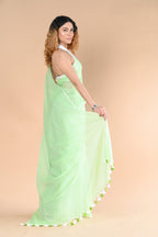 Very Much Indian Designer Pure Cotton Sarees with All over Linear Stripes - fern green | Grocsy