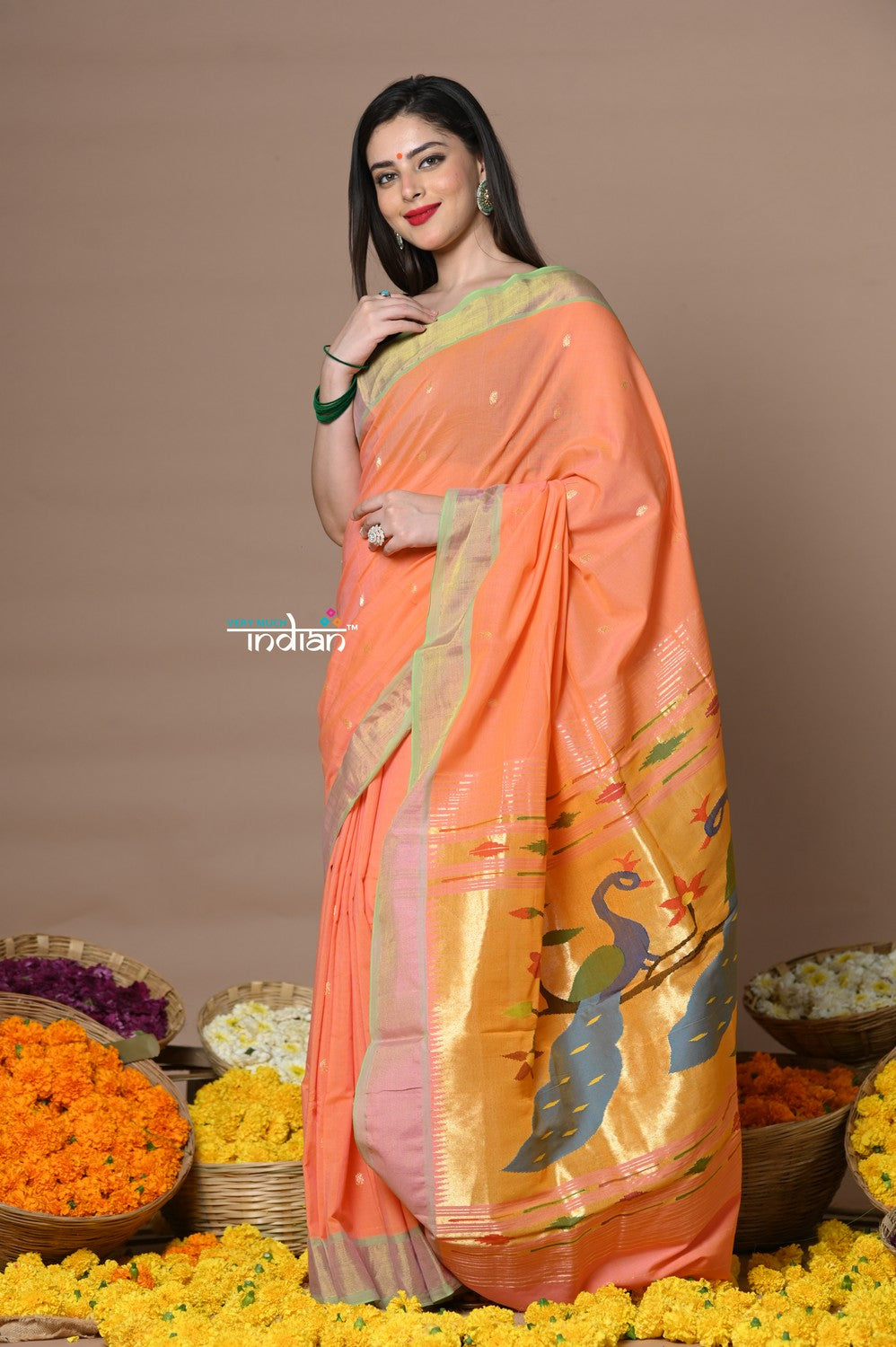 Very Much Indian Rajsi - Handloom Pure Cotton Paithani With Peacock Pallu - Peach | Grocsy