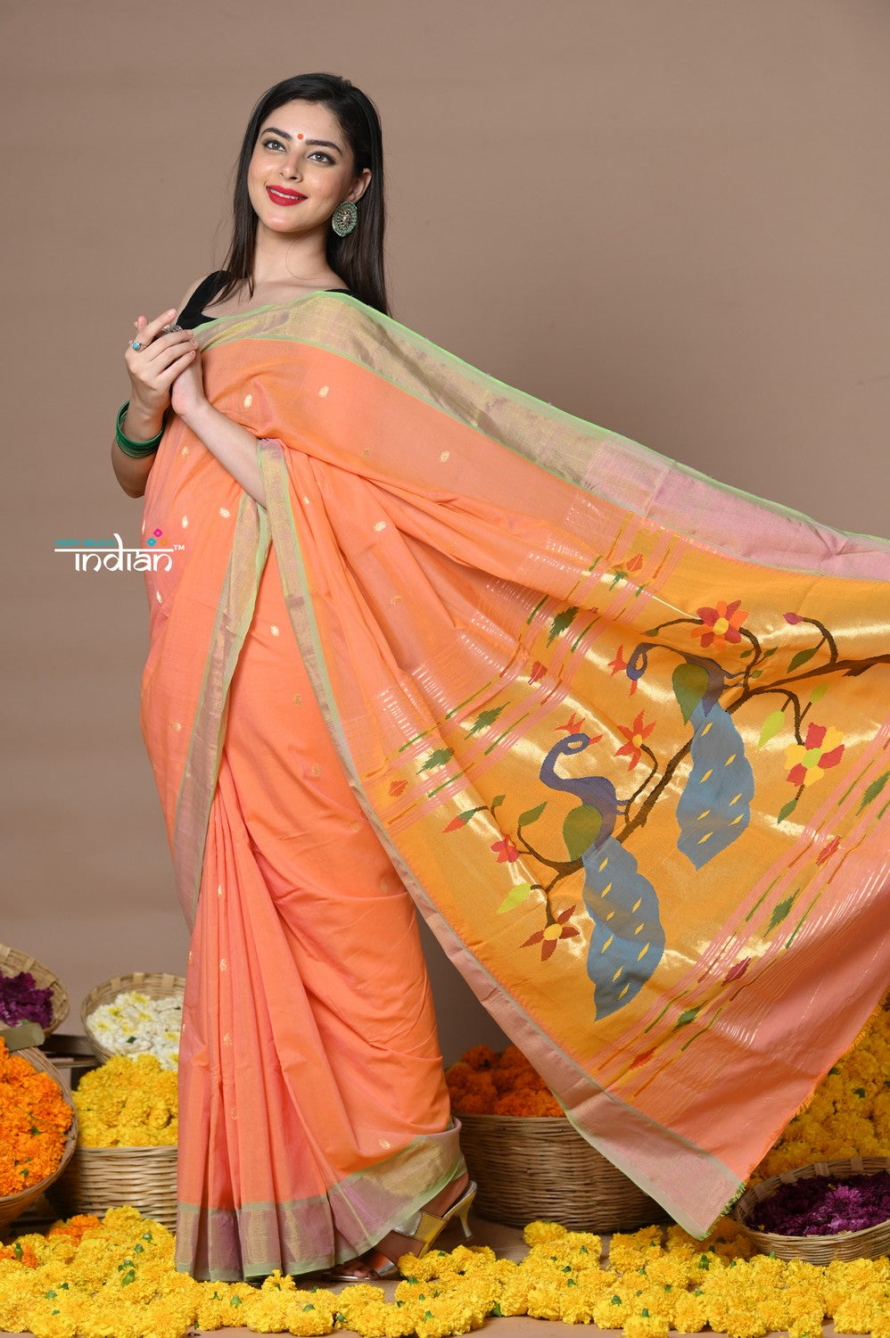 Very Much Indian Rajsi - Handloom Pure Cotton Paithani With Peacock Pallu - Peach | Grocsy