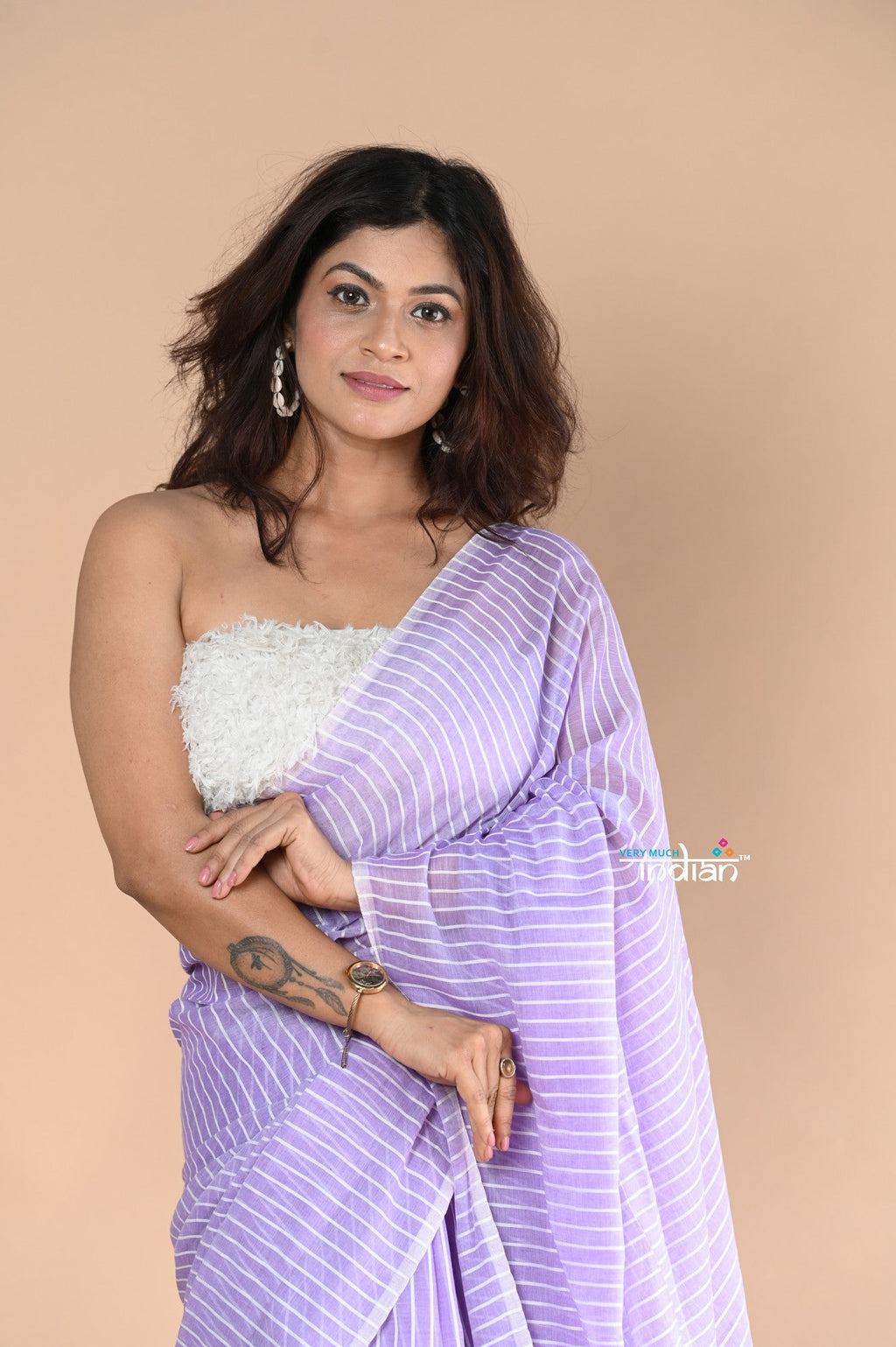 Very Much Indian Designer Pure Cotton Sarees with All over Linear Stripes - lavender | Grocsy