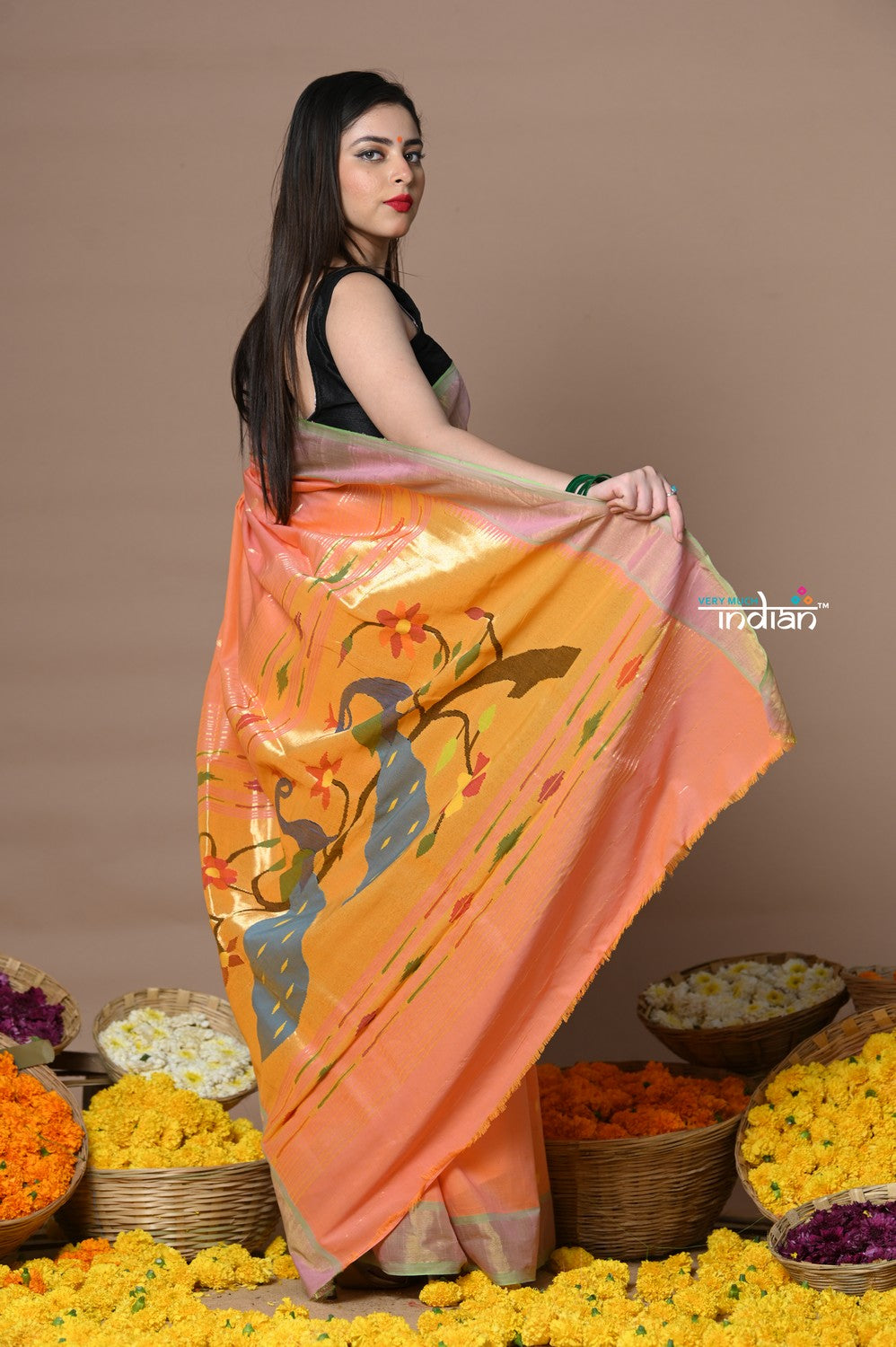 Very Much Indian Rajsi - Handloom Pure Cotton Paithani With Peacock Pallu - Peach | Grocsy