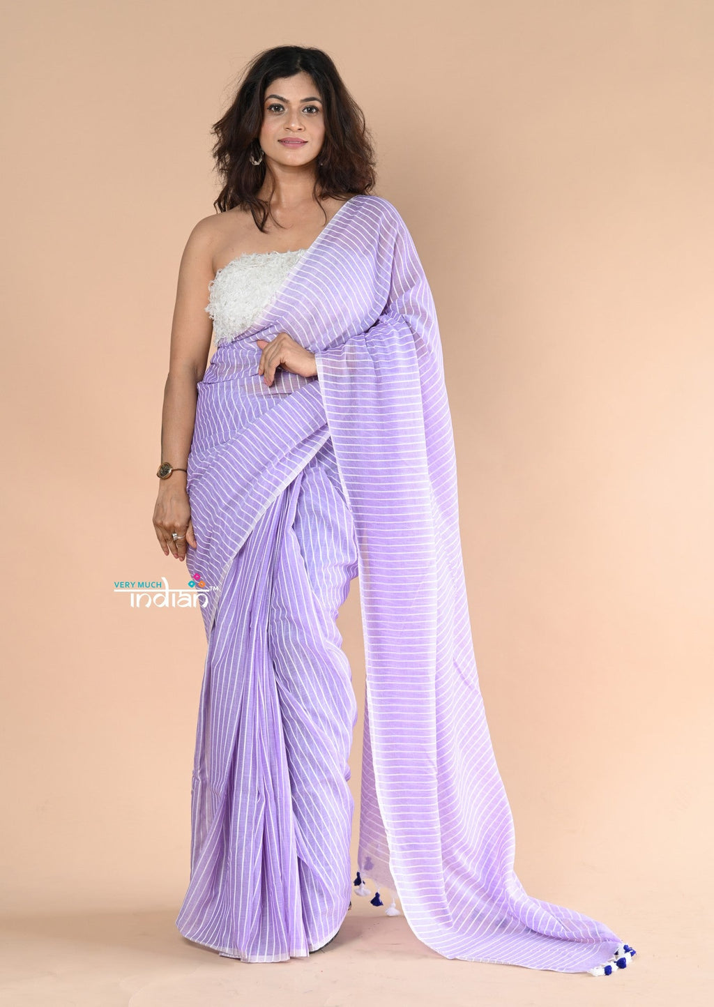 Very Much Indian Designer Pure Cotton Sarees with All over Linear Stripes - lavender | Grocsy