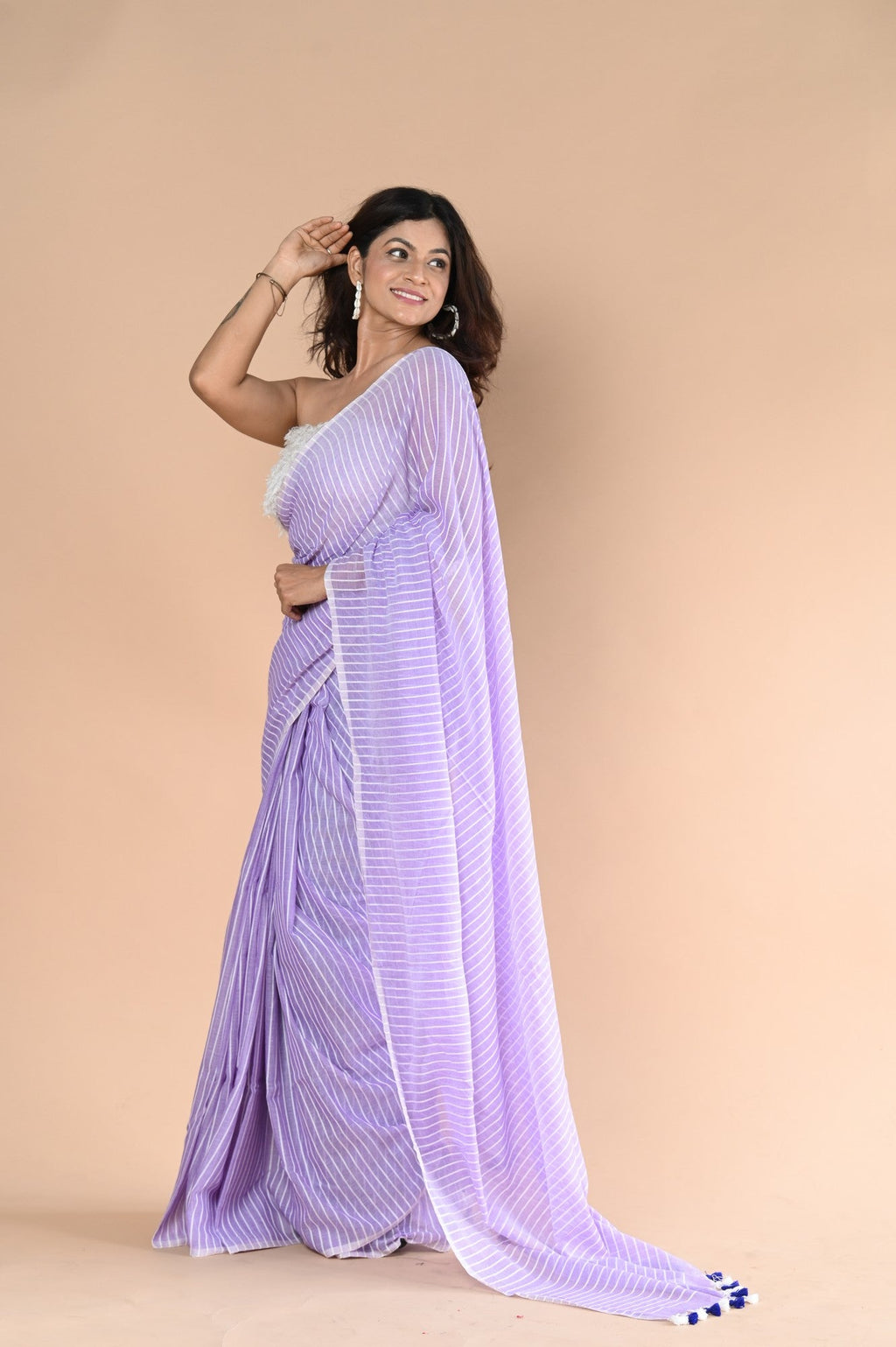 Very Much Indian Designer Pure Cotton Sarees with All over Linear Stripes - lavender | Grocsy