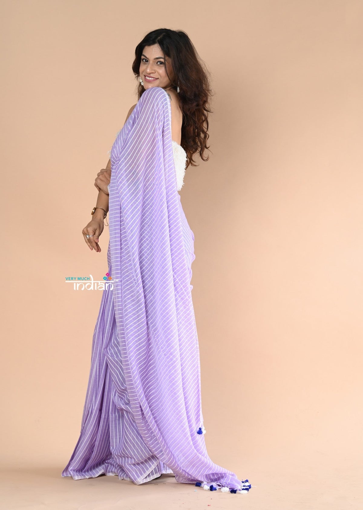 Very Much Indian Designer Pure Cotton Sarees with All over Linear Stripes - lavender | Grocsy