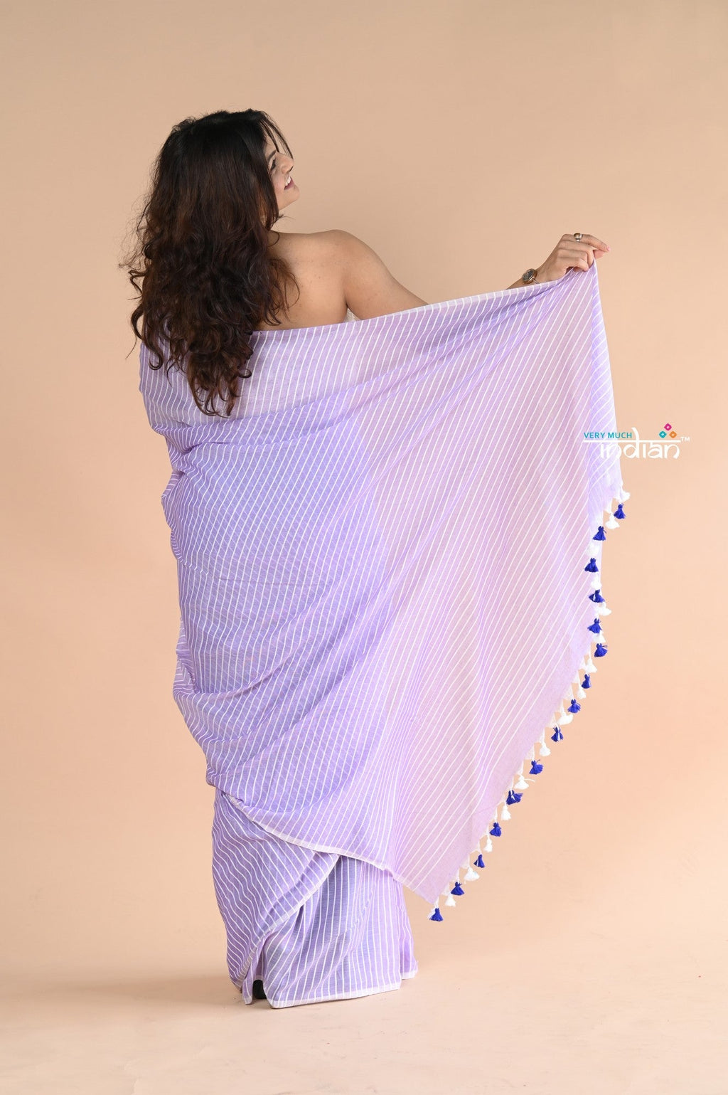 Very Much Indian Designer Pure Cotton Sarees with All over Linear Stripes - lavender | Grocsy