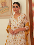 Janasya Women's White Chiffon Lurex Floral Printed Festive Flared Kurta Set | Grocsy