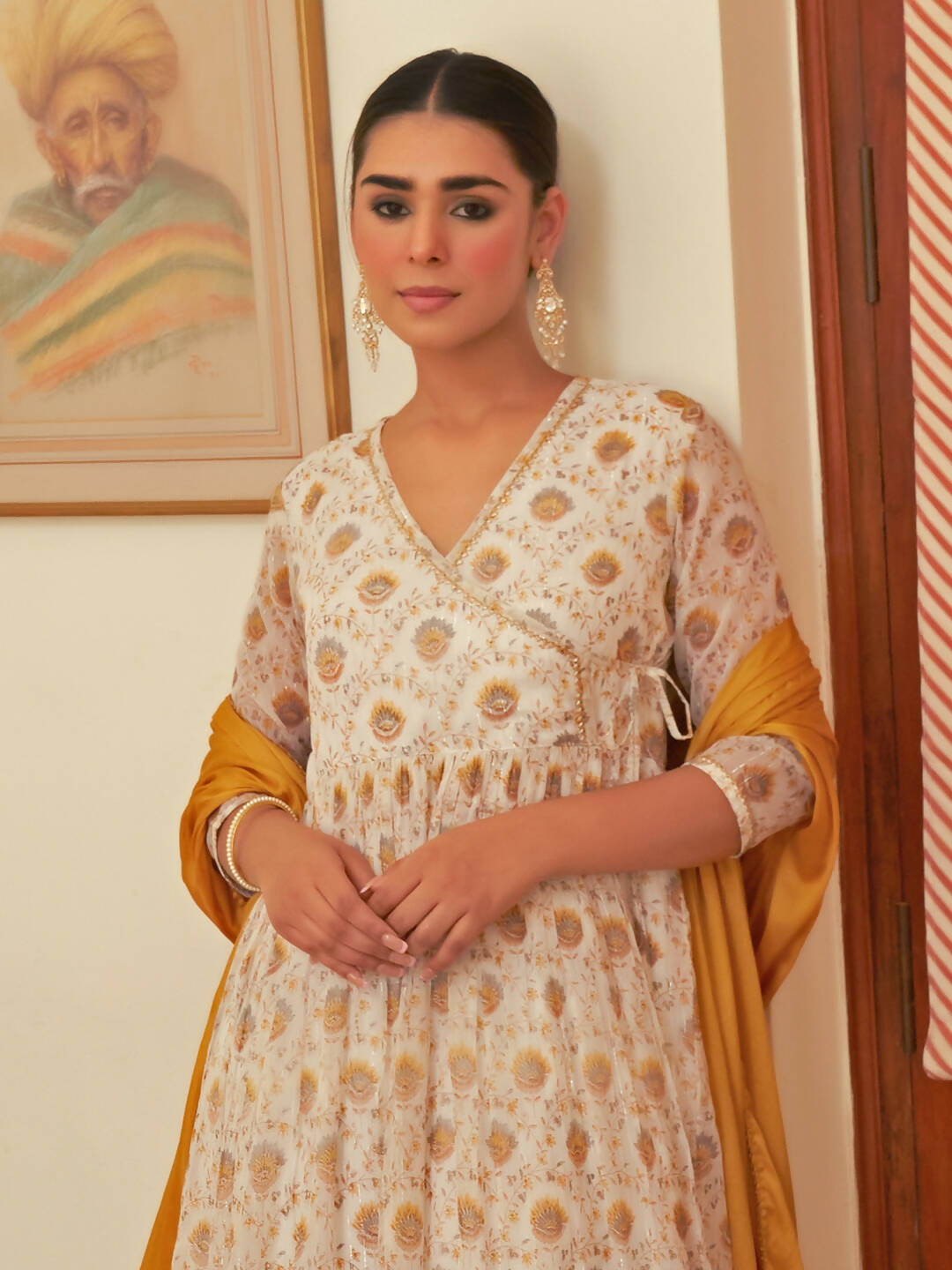 Janasya Women's White Chiffon Lurex Floral Printed Festive Flared Kurta Set | Grocsy