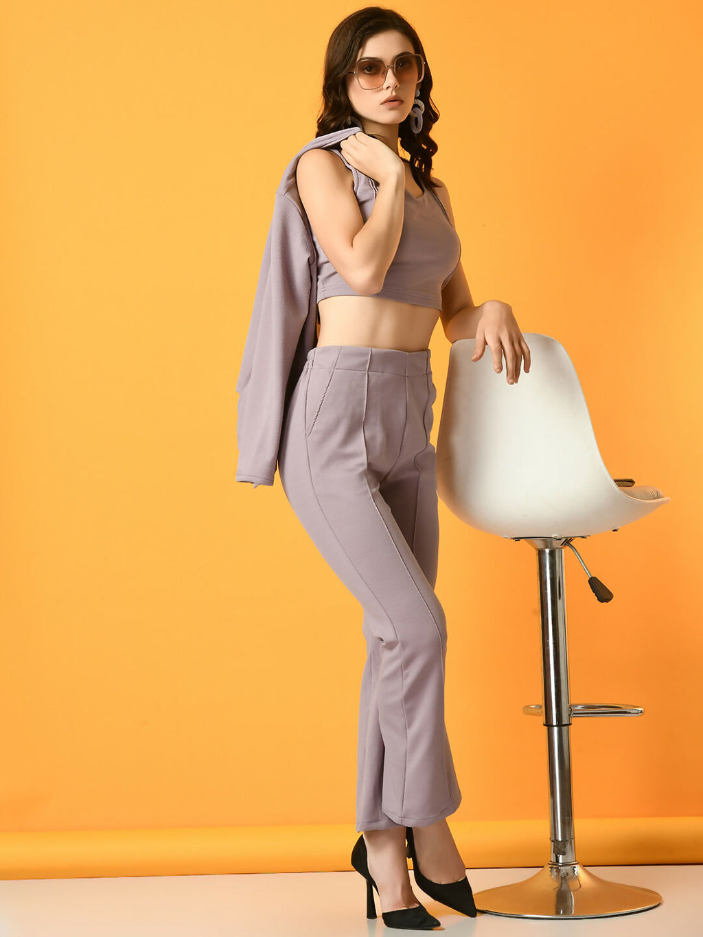 Myshka Women's Lavender Solid Top With Trousers | Grocsy