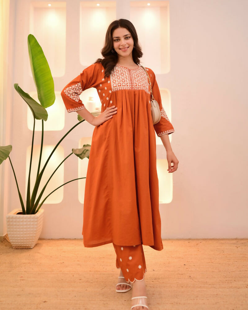 The52 Women's Beautiful Viscose Rayon Fabric Thread Work Flared Kurta Pant Set | Grocsy