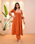 The52 Women's Beautiful Viscose Rayon Fabric Thread Work Flared Kurta Pant Set | Grocsy