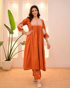 The52 Women's Beautiful Viscose Rayon Fabric Thread Work Flared Kurta Pant Set | Grocsy