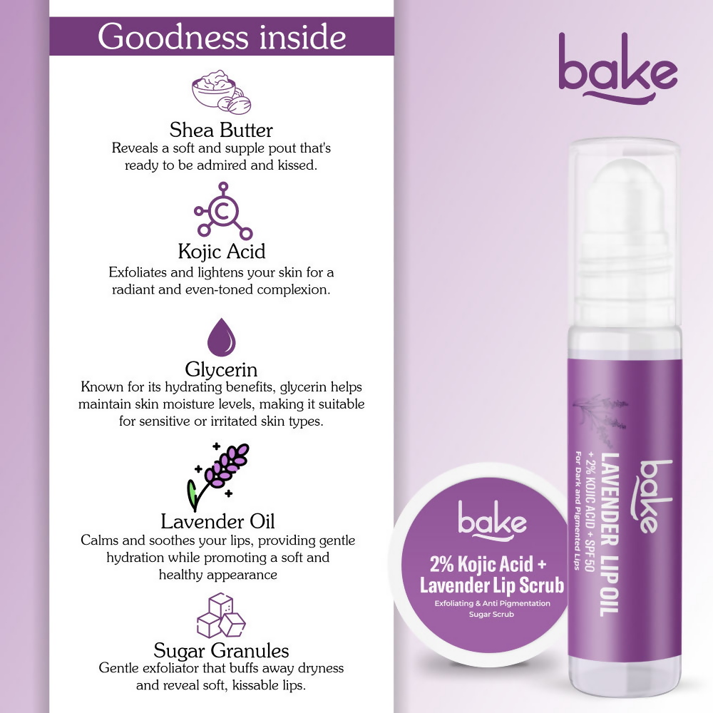 Bake Kojic Acid Lavender Lip Kit With Lip Balm SPF 50 & Lip Scrub For Dark & Pigmented Lips | Grocsy
