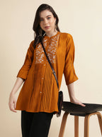 Mustard Chinon Yoke Embroidered A-line Top - Tarini | Grocsy