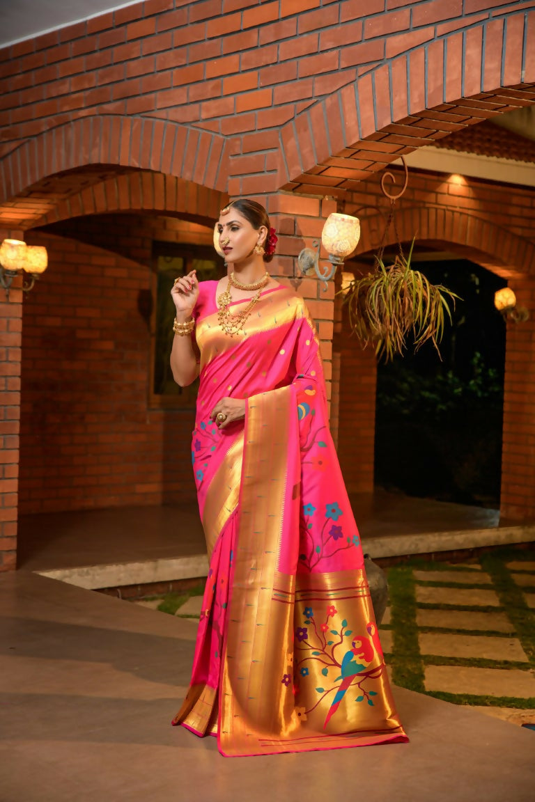 Jyoti Fashion Women's Baby Pink Paithani Silk Zari Woven Saree with Blouse | Grocsy
