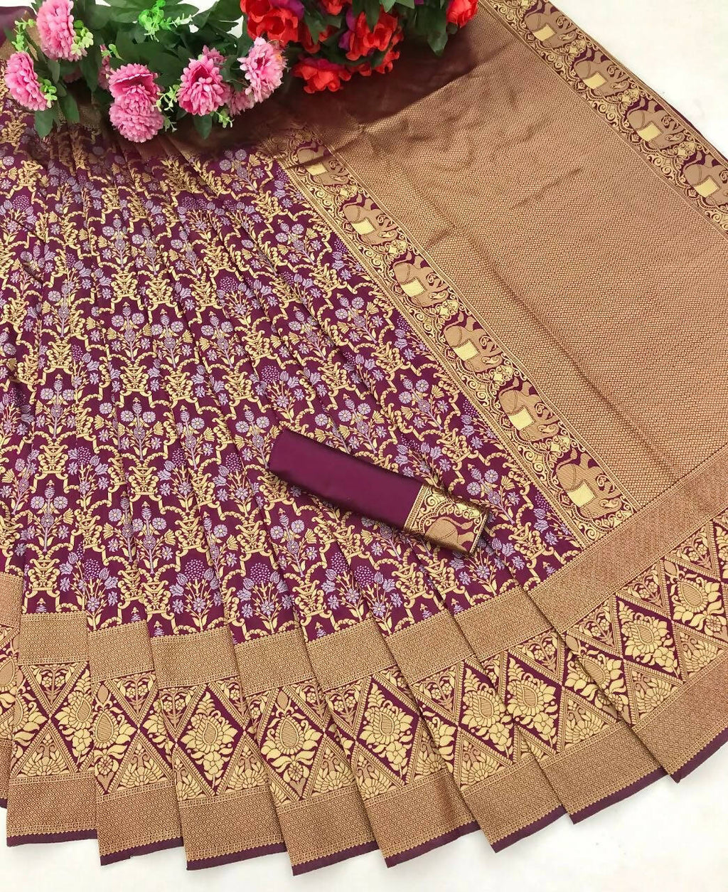 DEIANA'S Beautiful Designer Golden zari Soft Lichi Silk Saree - Wine | Grocsy