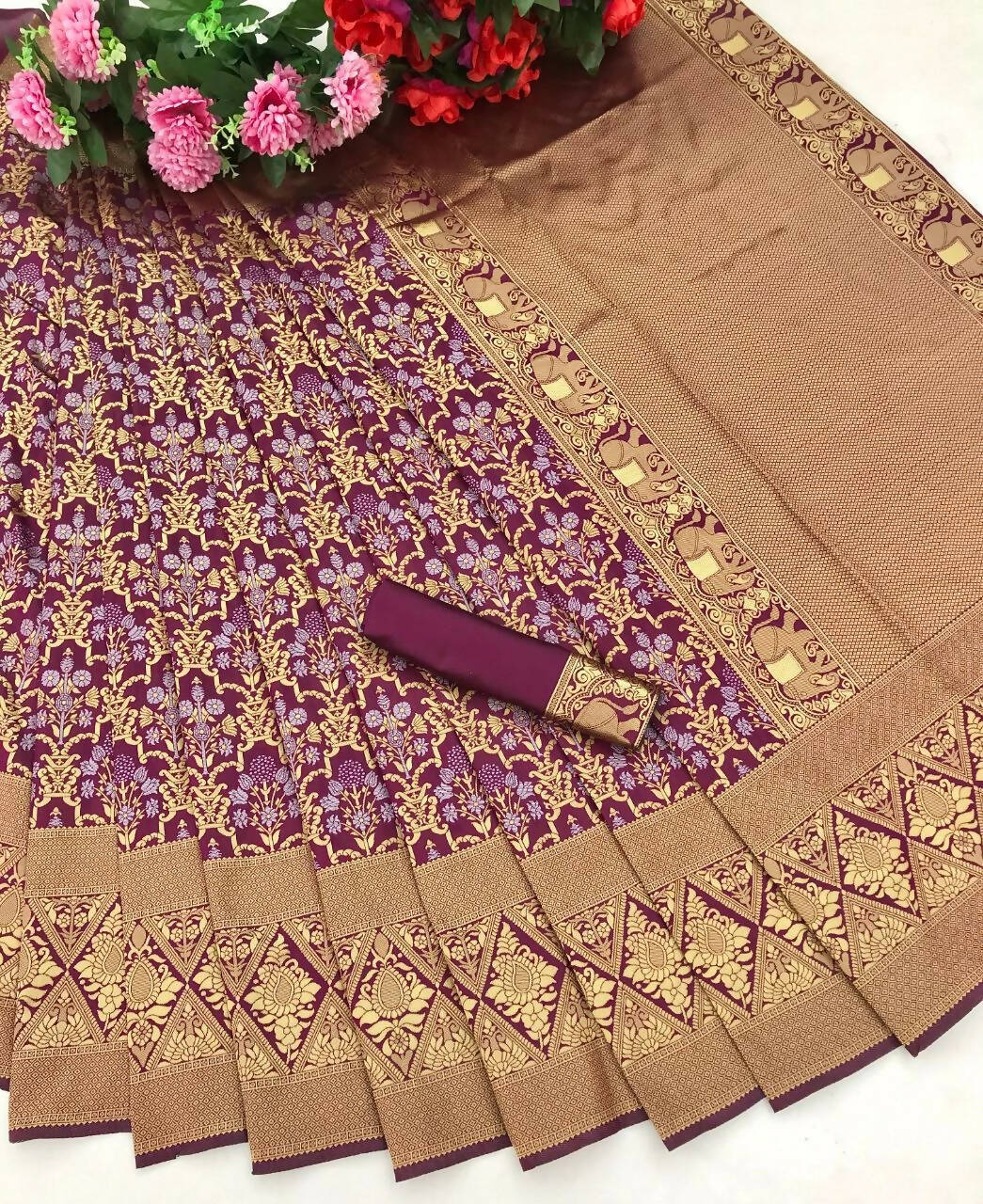 DEIANA'S Beautiful Designer Golden zari Soft Lichi Silk Saree - Wine | Grocsy