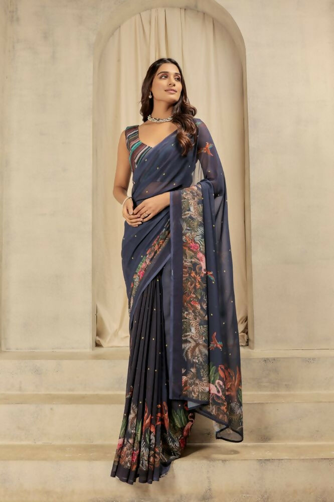 Navy Blue Georgette Designer Printed Party Wear Saree - Cinderella | Grocsy