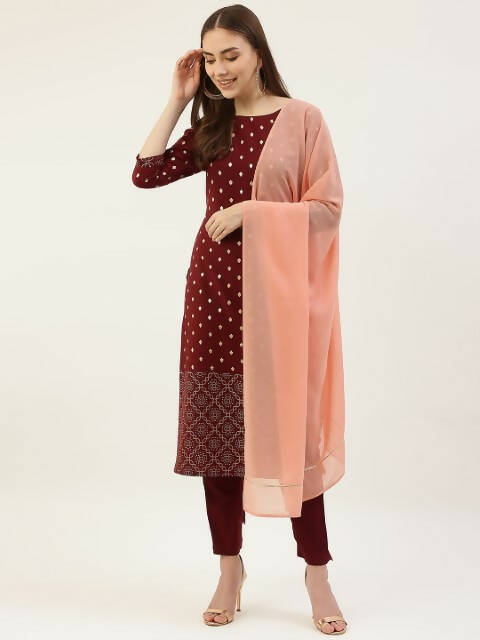 FIORRA Women's Maroon Poly Crepe Straight Kurta Pant With Dupatta | Grocsy