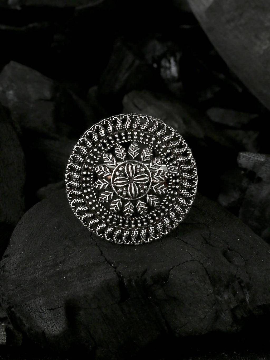 NVR Women's Oxidised Silver Plated Adjustable Finger Ring | Grocsy