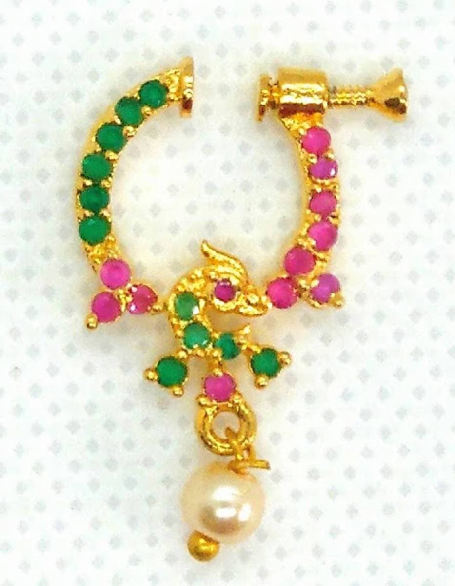Pink & Green Peacock Bridal Nose Ring For Wedding | Grocsy