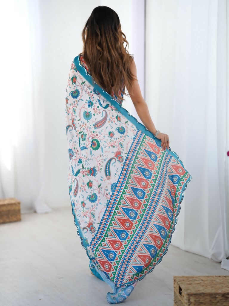 Off White Chinon Designer Digital Printed,Mirror Cut Work Saree - Elayna | Grocsy