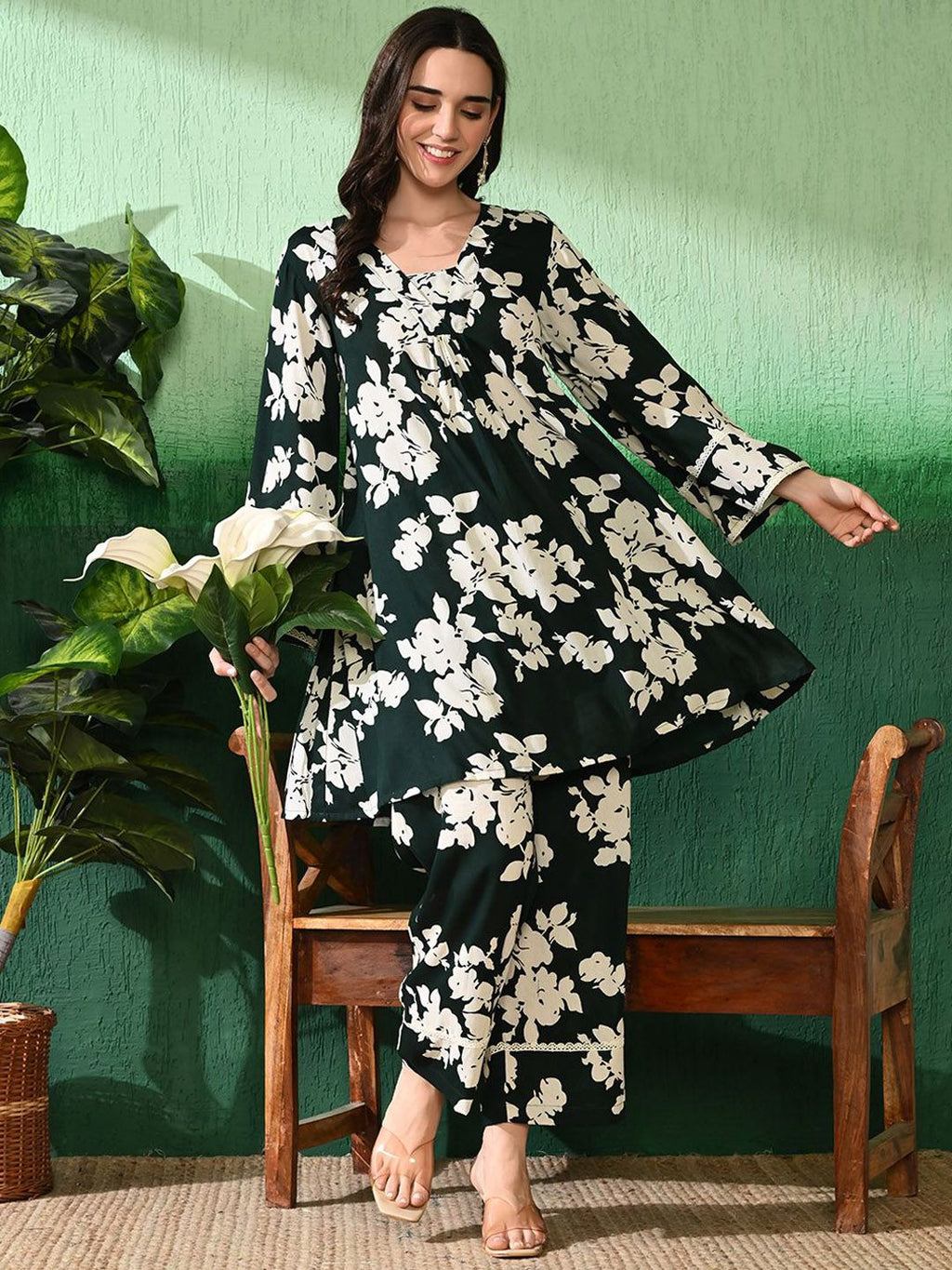 Sangria Printed A-Line Kurti With Trouser | Grocsy