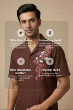 Solvra — Brown Floral Embroidered Cotton Shirt by Hilo Design | Grocsy