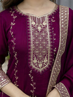 The52 Wine Beautiful Embroidered Vichitra Silk Fabric Straight Kurta, Palazzo and Dupatta Set | Grocsy
