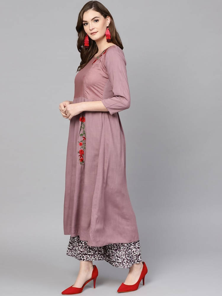 Yufta Women Mauve & Black Embroidered Kurta with Palazzo | Grocsy