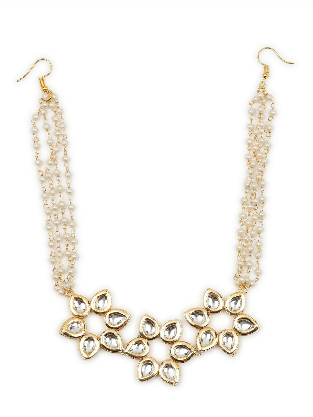 Gold-Polished White Kundan-Studded Pearl Beaded Hair Band - Ruby Raang | Grocsy