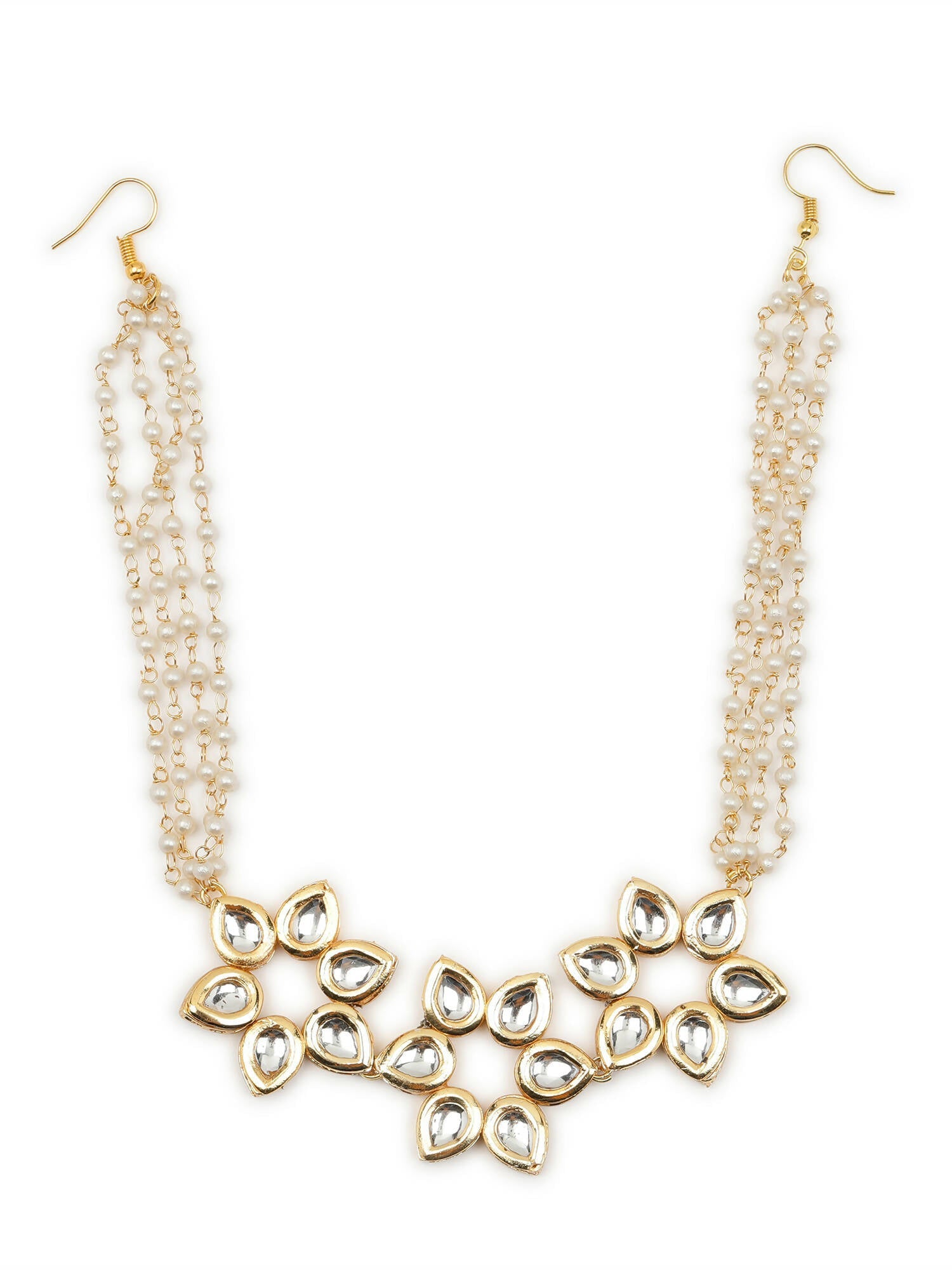 Gold-Polished White Kundan-Studded Pearl Beaded Hair Band - Ruby Raang | Grocsy