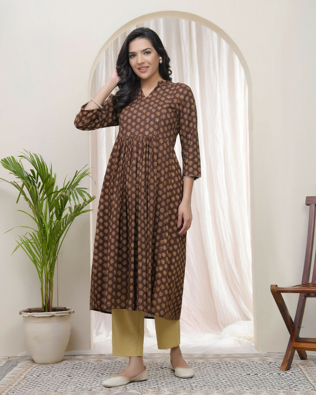 Vaasva Brown Boonta Cotton Printed Gathered Kurti With Pant | Grocsy
