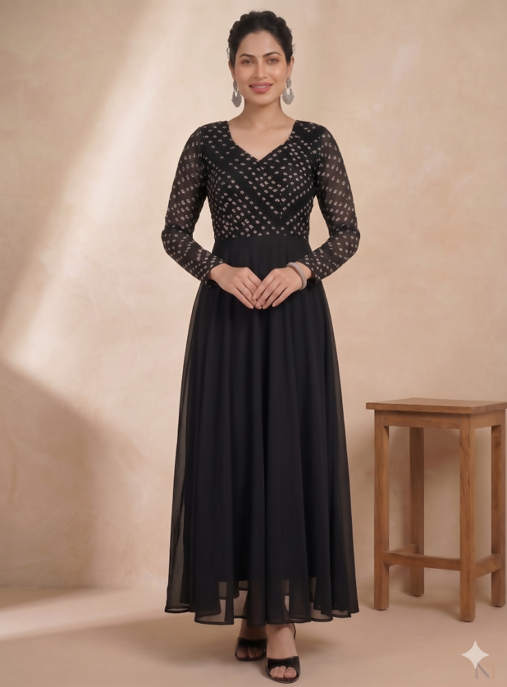 Teeya Creation Women's Black Bandhani Print Anarkali Gown | Grocsy