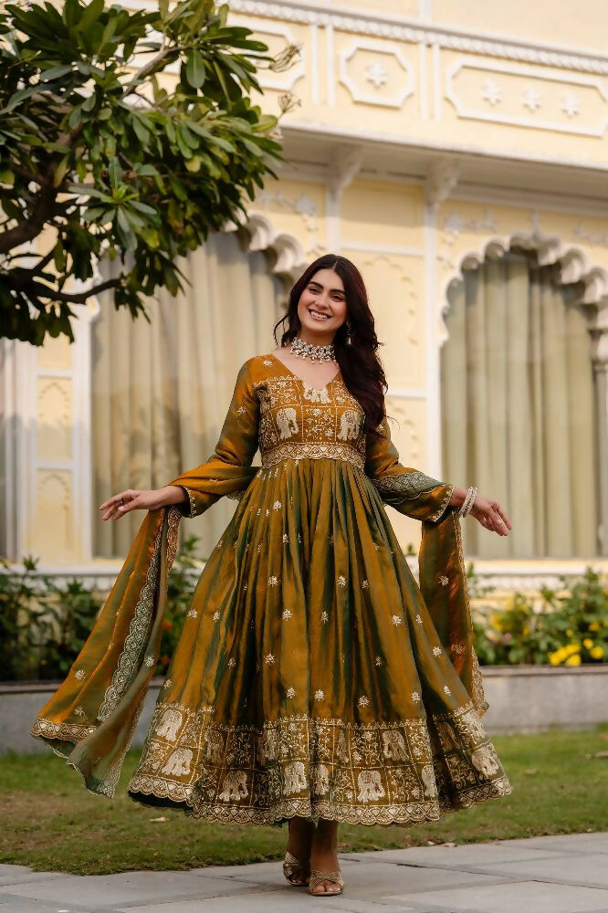 Teeya Creation Mehendi Primium Fendy Satin Silk Embroidery Work Wedding Wear Gown | Grocsy