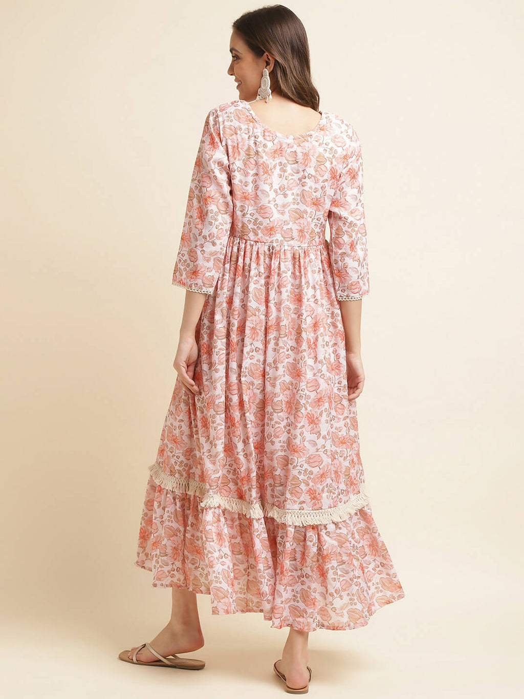 Orange Linen Floral Printed Fit & Flare Dress - Yukti | Grocsy
