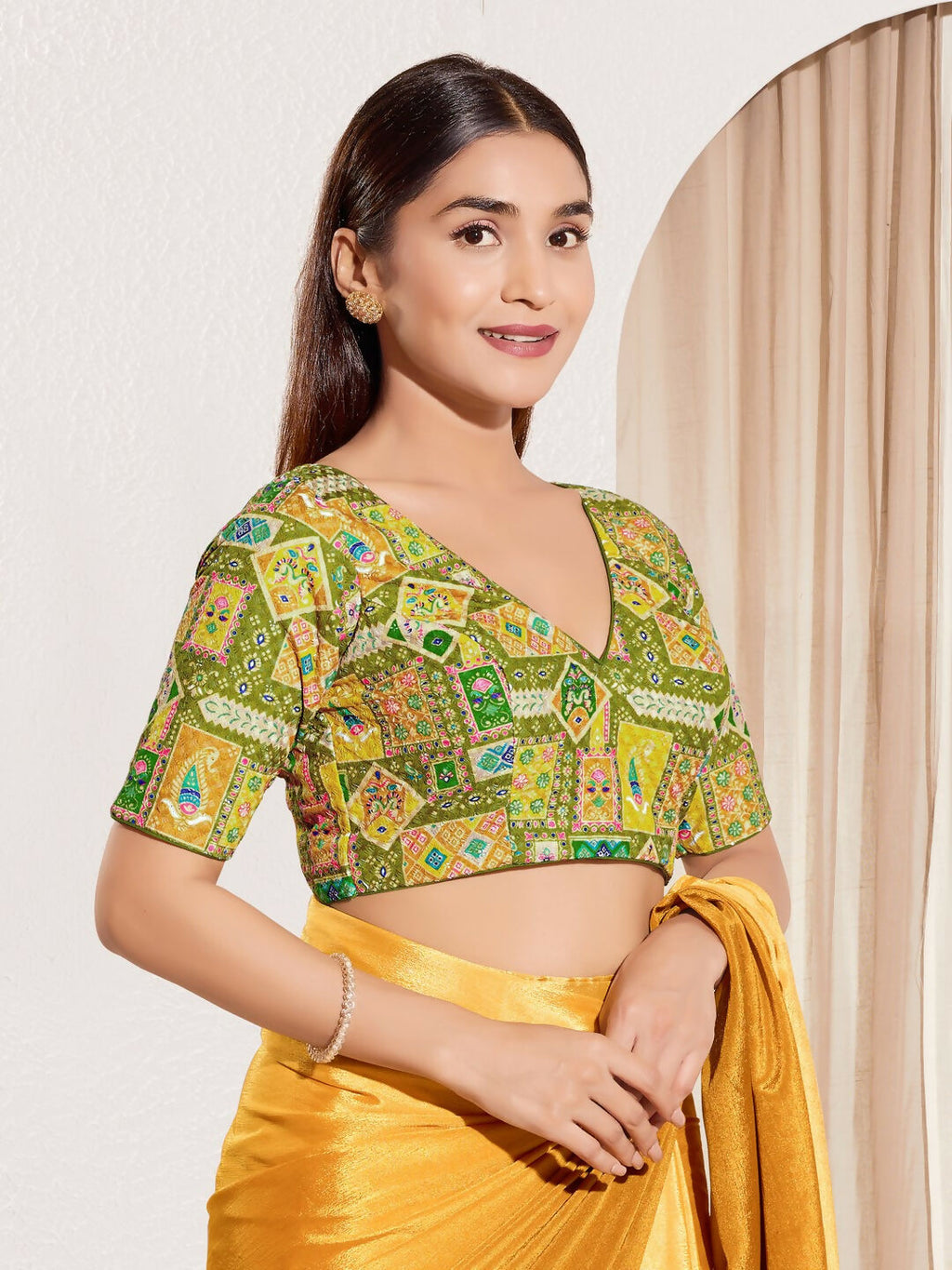 Joban Fashion Mehendi Green Viscose Rayon Padded Blouse With V Neck Elbow Sleeves | Grocsy