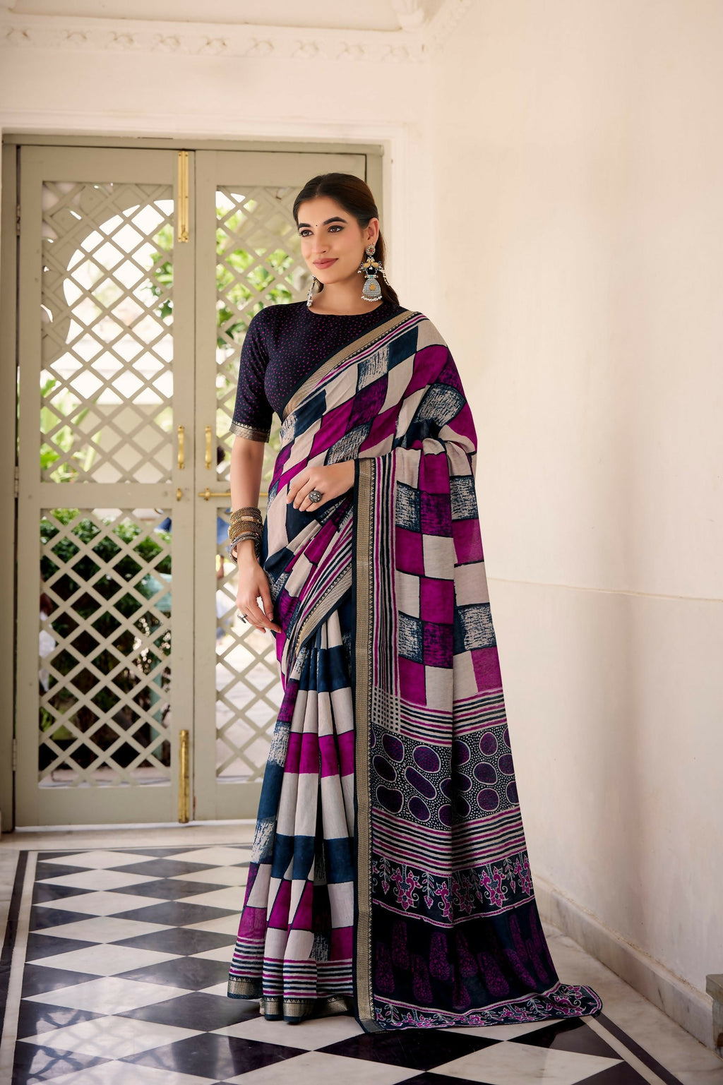 Vastranavya Navy Blue Viscose Chanderi Printed with Temple Border Saree & Unstitched Blouse | Grocsy