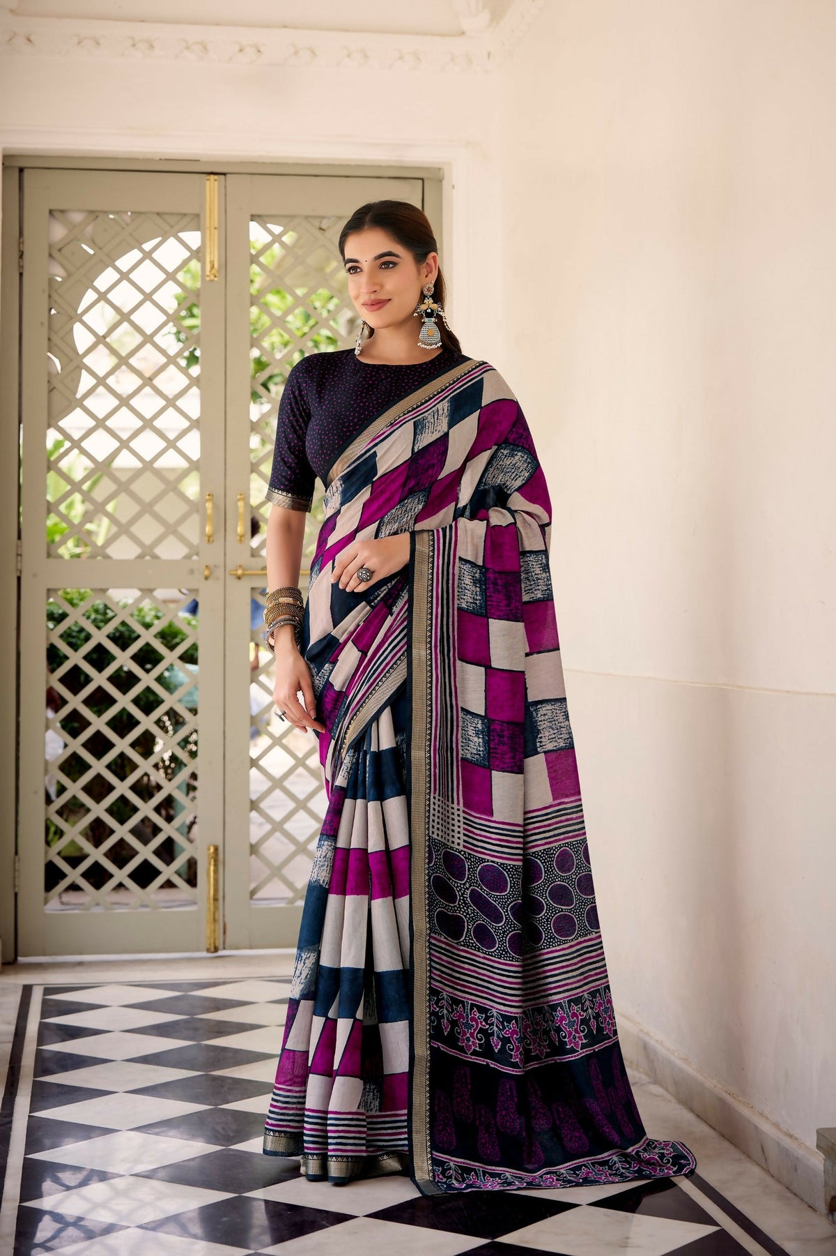 Vastranavya Navy Blue Viscose Chanderi Printed with Temple Border Saree & Unstitched Blouse | Grocsy