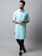 Even Apparels Blue Color Pure Cotton Solid Men's Kurta With Shirt Collar (SLD1132) | Grocsy