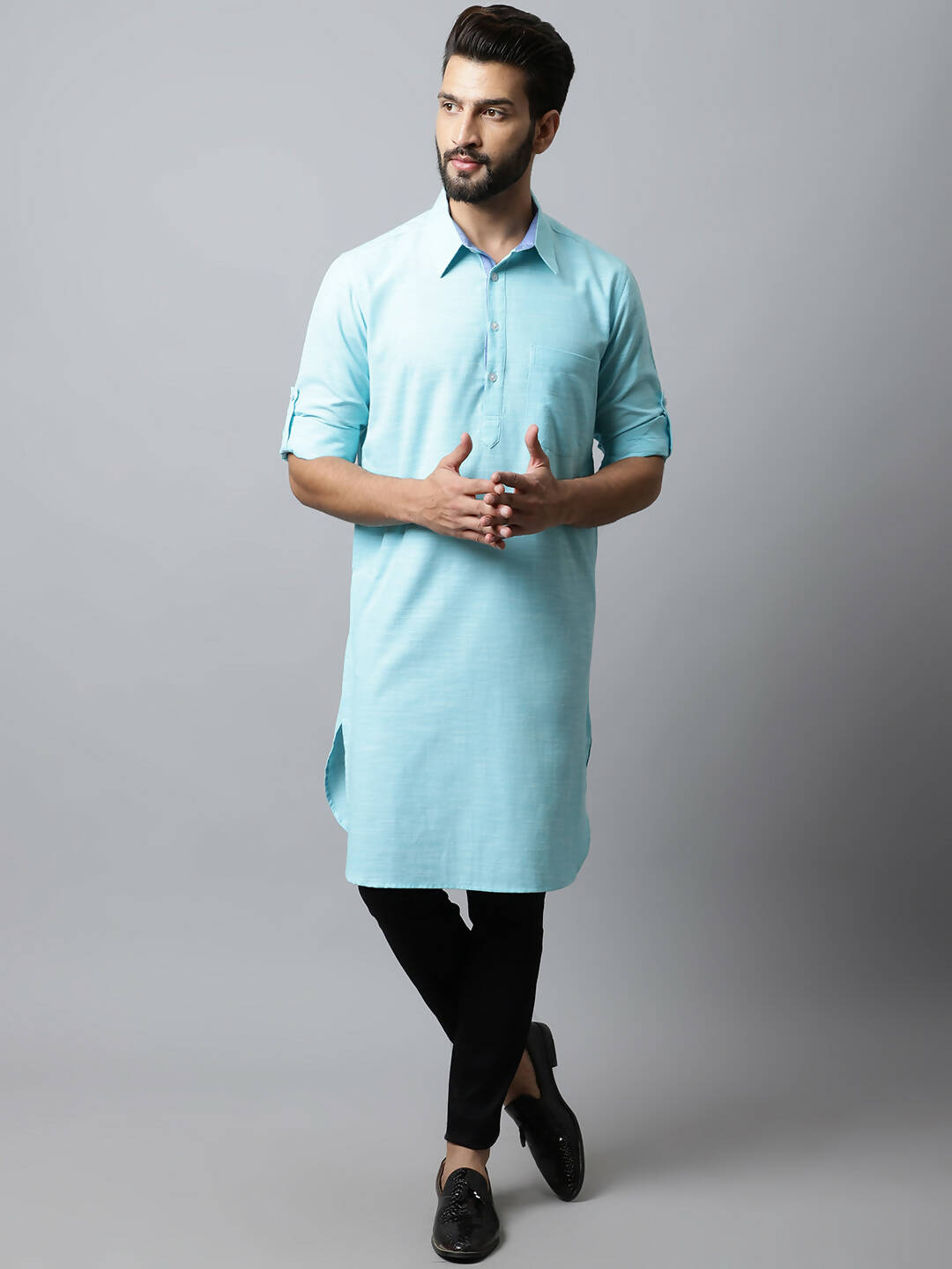 Even Apparels Blue Color Pure Cotton Solid Men's Kurta With Shirt Collar (SLD1132) | Grocsy