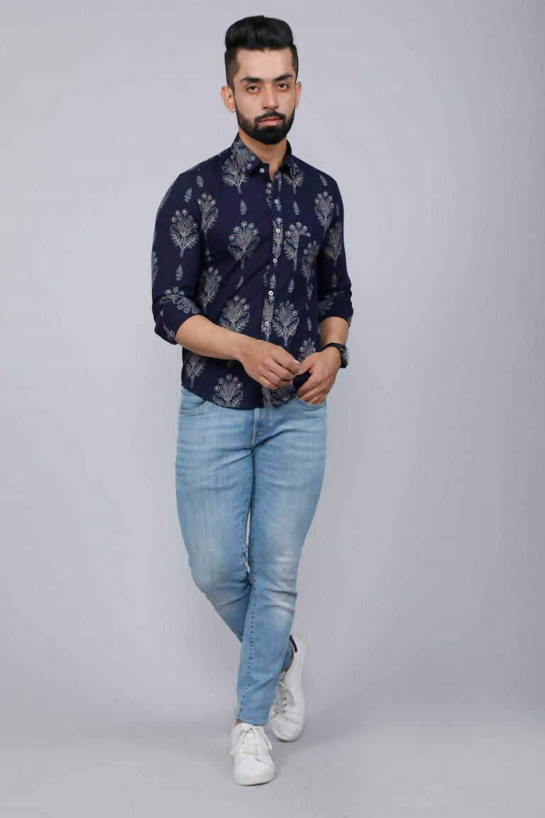 Miravan Men's Blue Spread Collar Floral Print Shirt | Grocsy