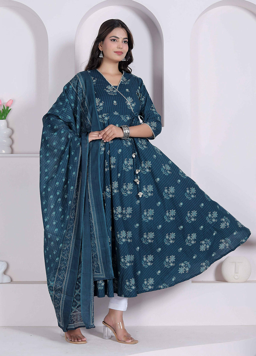 Miravan Womens Blue Floral Printed Angrakha Kurta With Dupatta | Grocsy