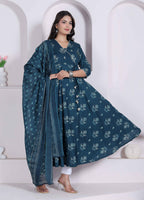 Miravan Womens Blue Floral Printed Angrakha Kurta With Dupatta | Grocsy