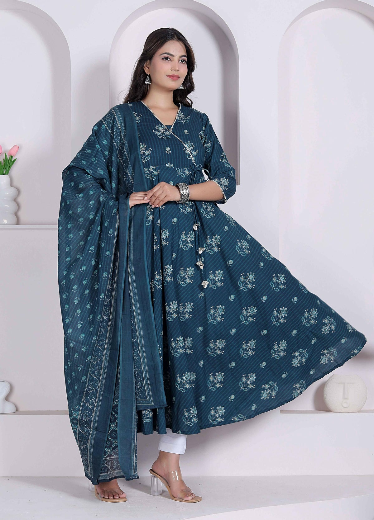 Miravan Womens Blue Floral Printed Angrakha Kurta With Dupatta | Grocsy