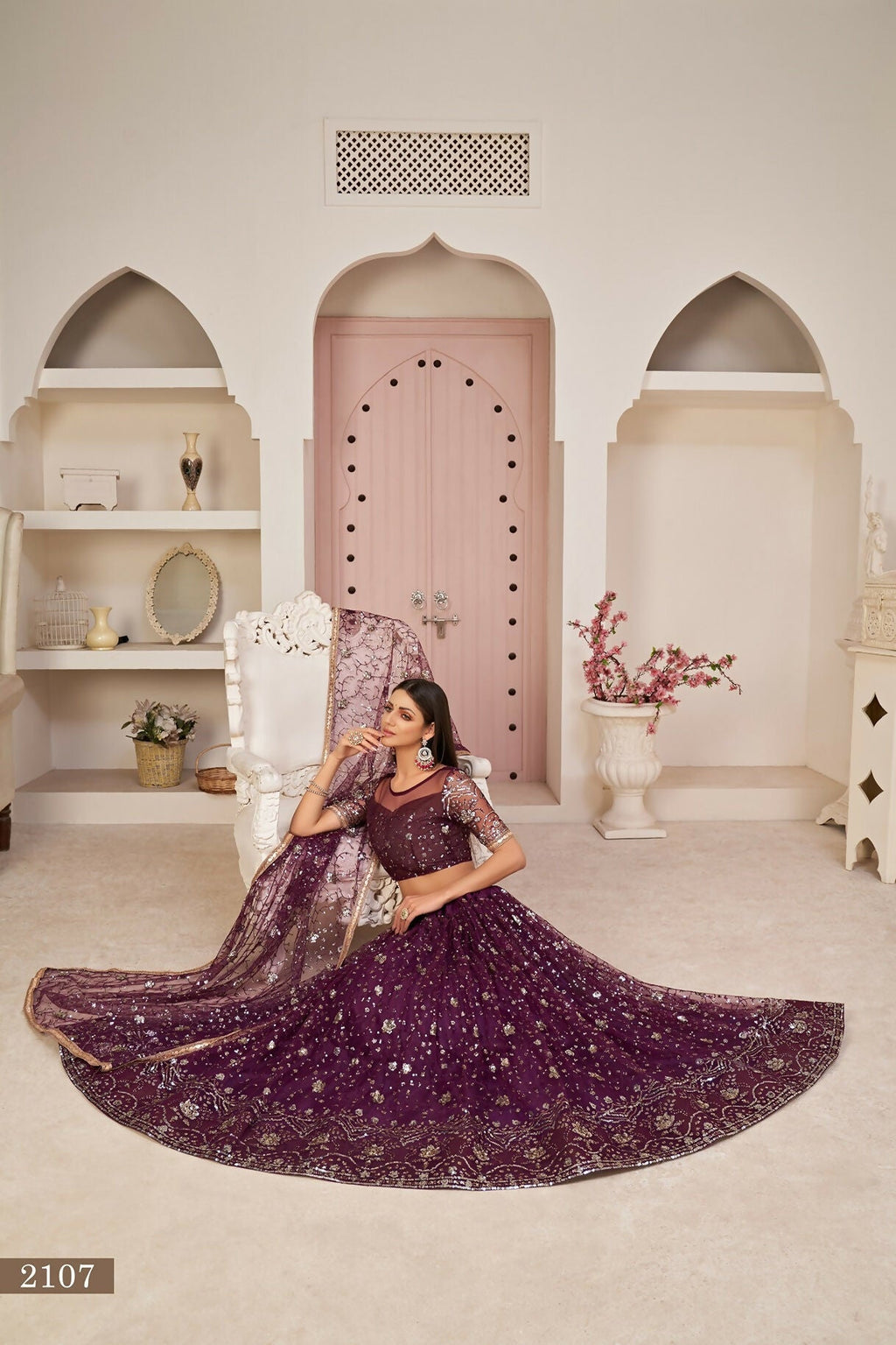 Eilara Women'S Wine Butterfly Net Thread With Zari Sandwich Sequence Embroidered Work Lehenga Choli For Festivals | Grocsy