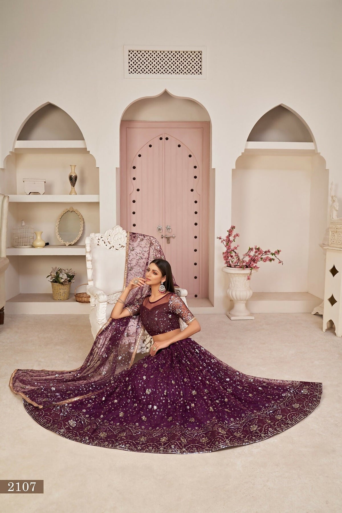 Eilara Women'S Wine Butterfly Net Thread With Zari Sandwich Sequence Embroidered Work Lehenga Choli For Festivals | Grocsy