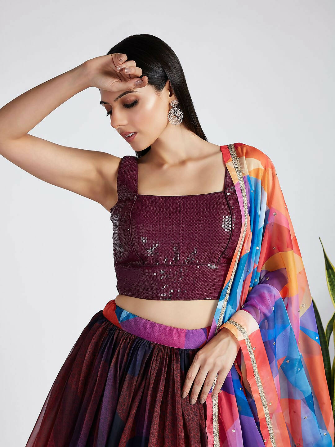 House of Panchhi Multi colour Organza Abstrack design digital print Semi-Stitched Lehenga choli & Dupatta | Grocsy