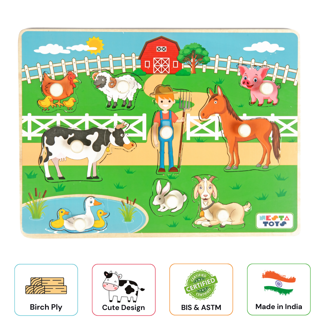 Nesta Toys Wooden Farm Animal Knob Puzzle (8 Pcs) | Grocsy
